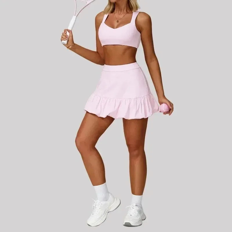 Cralom Seamless Yoga Set: Sports Bra, Anti-Slip Shorts, Tennis Skirt