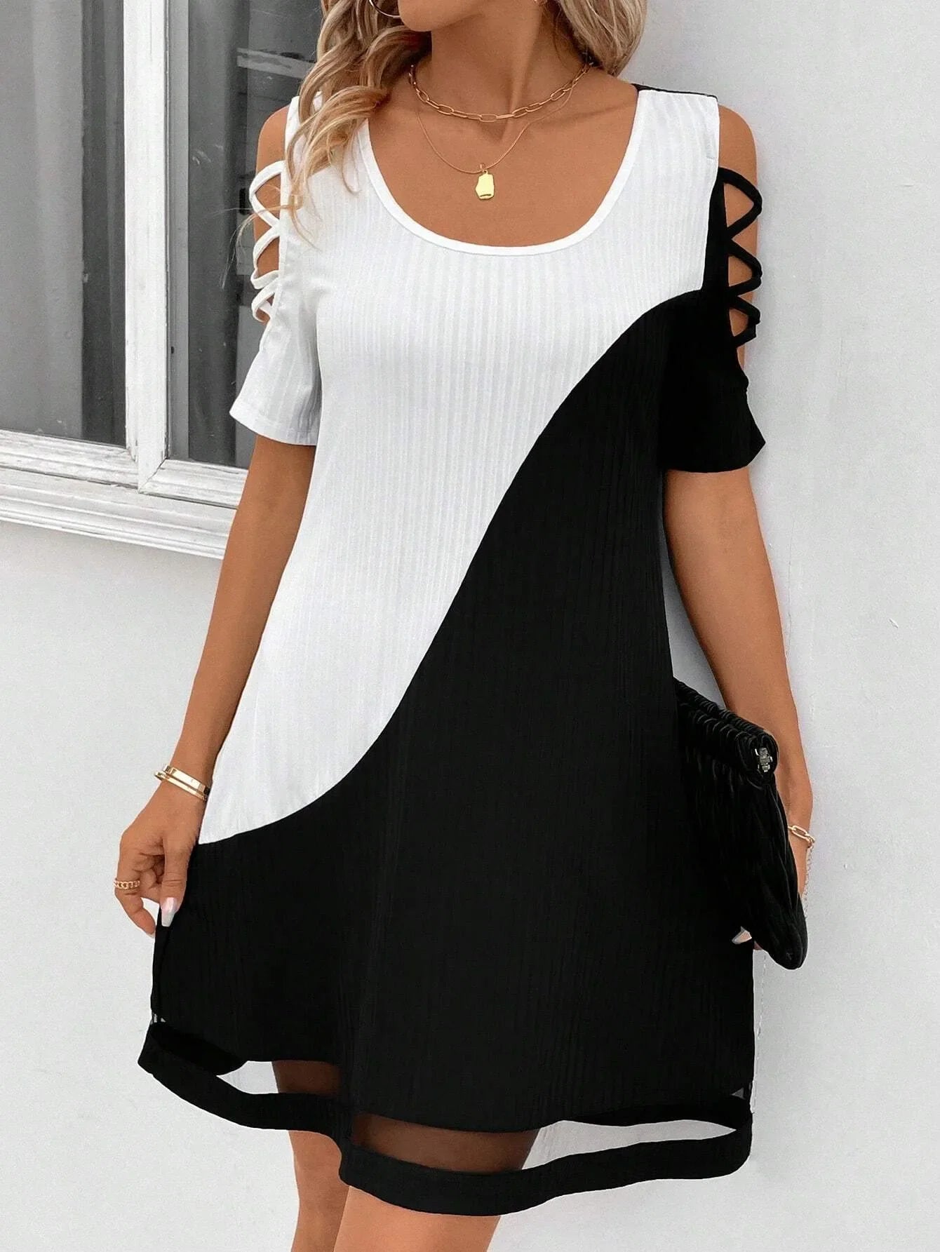 Cralom Mesh Hollow Splice Jumpsuit Mid Skirt