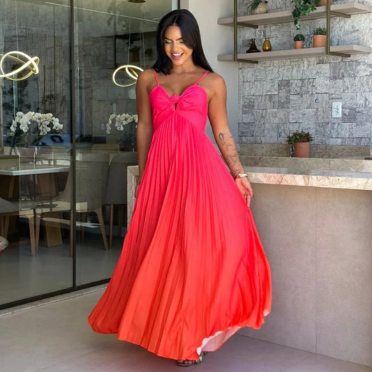 Cralom Women's Gradient Color Long Skirt with Strap, Sweet & Fresh A-line Dress