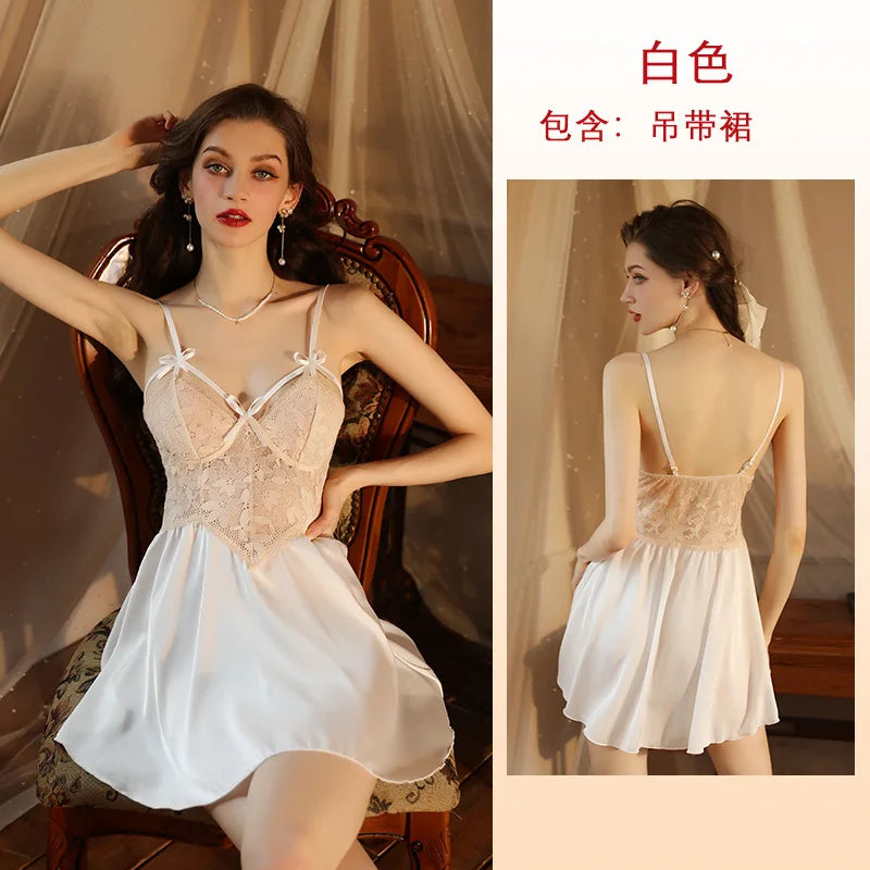 Cralom V Lace Backless Satin Nightgown Suspender Pajamas,Loungewear Chic Nightdress