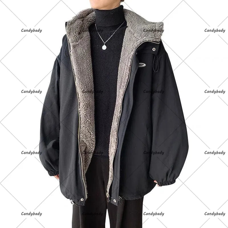 Cralom Men's Y2K Style Lambswool Coat - Retro Street Fashion & Thick Tooling Cotton Jacket
