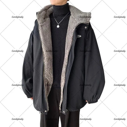 Cralom Men's Y2K Style Lambswool Coat - Retro Street Fashion & Thick Tooling Cotton Jacket