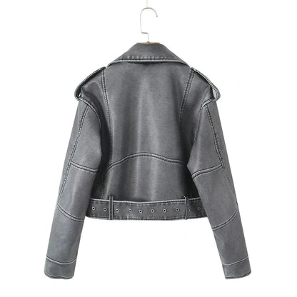 Cralom PU Leather Jacket with Zipper, Casual Lapel Motorcycle Coat for Women