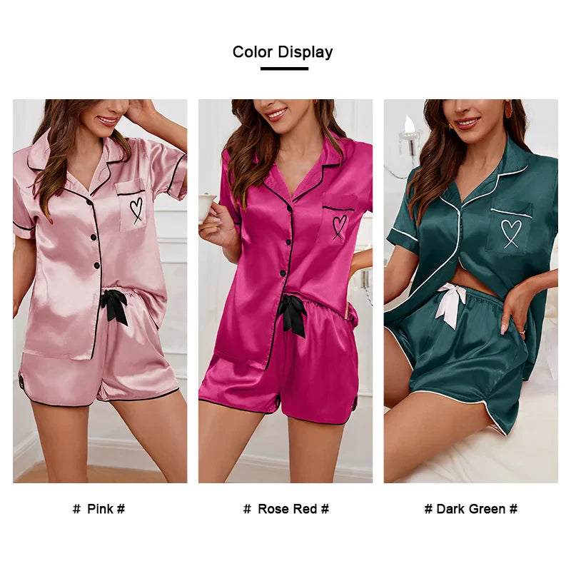 Cralom Love Embroidery Satin Pajama Set - Button-Up Short Sleeve Shorts Pyjamas