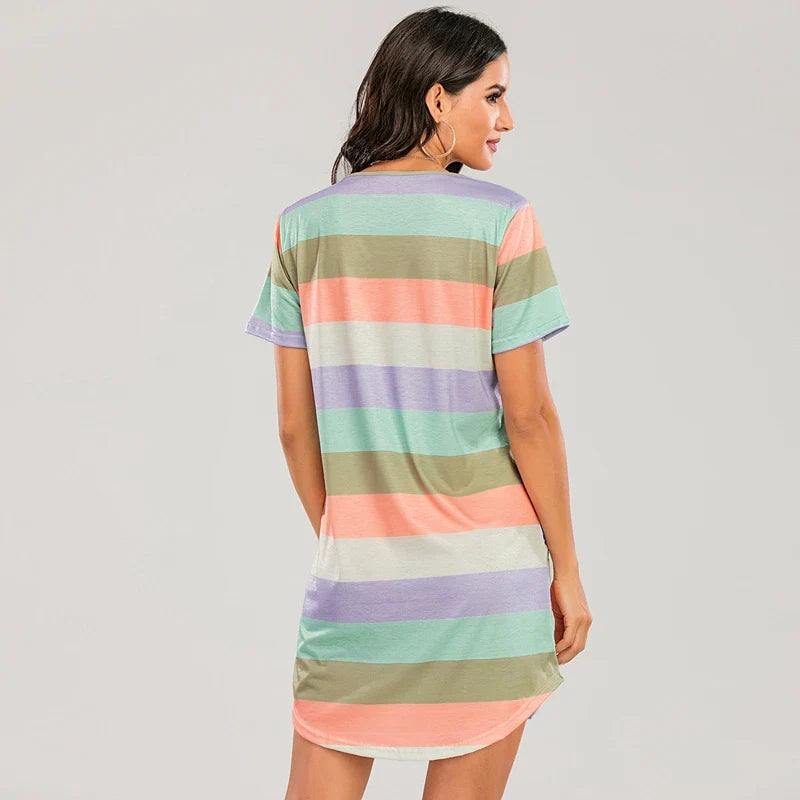 Cralom Rainbow Stripe Nightgown: Short Sleeve Loose Fit Women's Sleepwear & Summer Lounge Dress