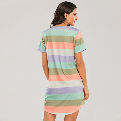 Cralom Rainbow Stripe Nightgown: Short Sleeve Loose Fit Women's Sleepwear & Summer Lounge Dress