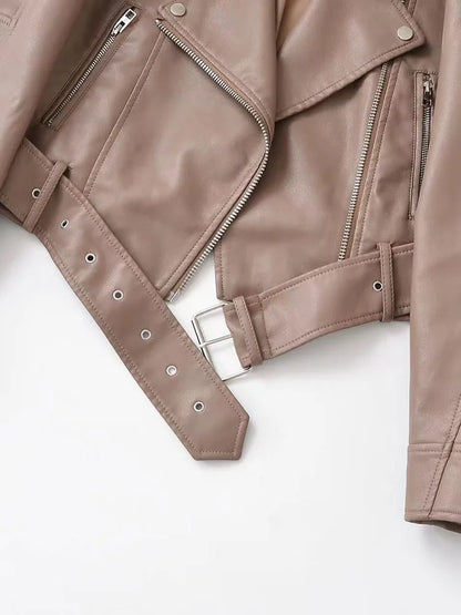 Cralom Faux Leather Biker Jacket with Belt & Zipper for Autumn Women