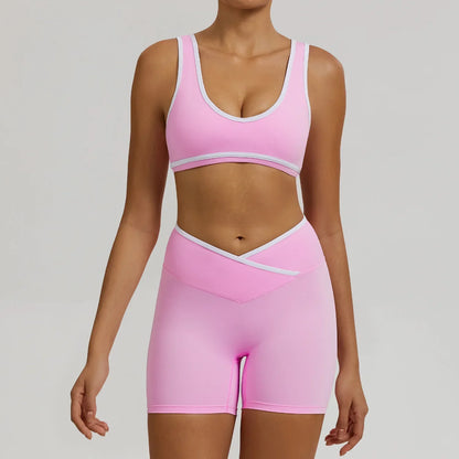 Cralom Seamless Yoga Set: Cross Waistband Butt Lifting Shorts & Sports Bra