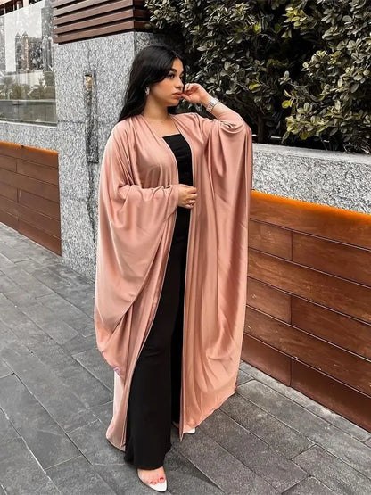 Cralom Ramadan Satin Kebaya Kimono Abaya Muslim Dress African Kaftan Robe