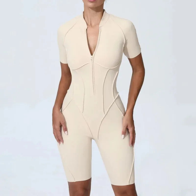 Cralom Seamless Yoga Jumpsuit Short Sleeve Fitness Bodysuit Zipper Activewear