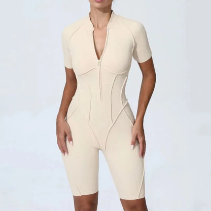 Cralom Seamless Yoga Jumpsuit Short Sleeve Fitness Bodysuit Zipper Activewear
