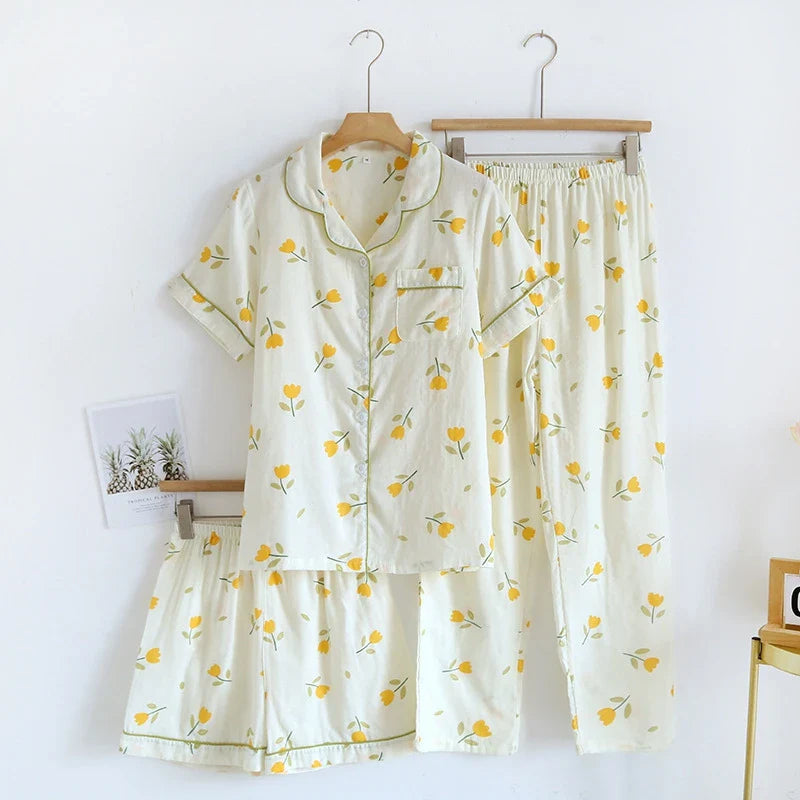 Cralom Cotton Flower Print Pajama Set: Top, Shorts, and Pants for Comfortable Summer