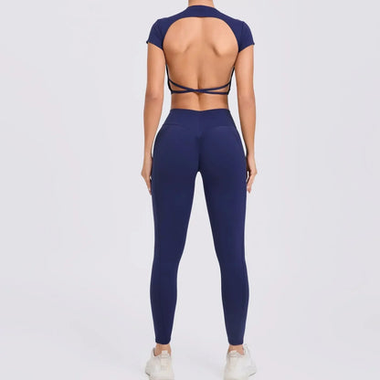 Cralom Cross Back Sports Bra Set - High Waist Leggings Gym Outfit