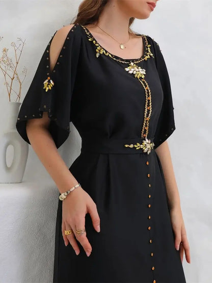 Cralom Black Satin Off Shoulder Abaya Dress - Plus Size Luxury Muslim Wear