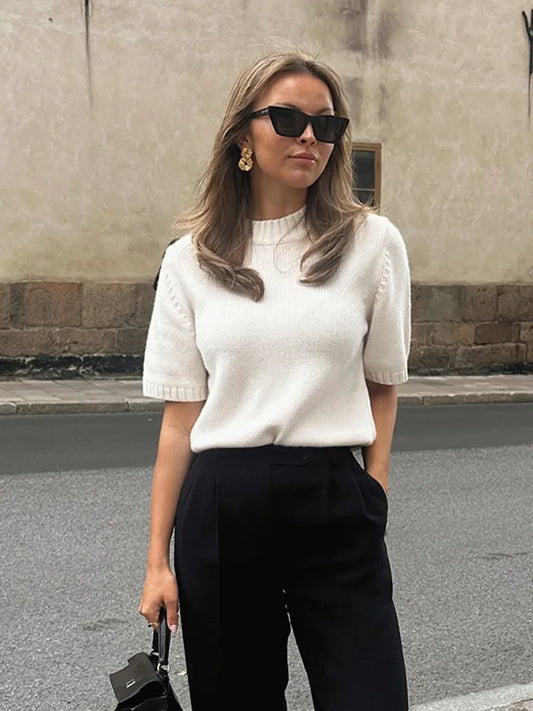 Cralom Vintage Cropped Knit Sweater, Round Neck Short Sleeve Pullover