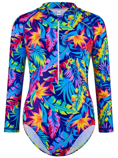 Girls Boyleg Shorts One-Piece Swimsuit, Long Sleeve, Colorful Leaves Print - Cralom