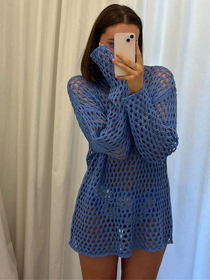 Cralom Knit Hollow Out Mini Dress Women's Beach Holiday Pullover