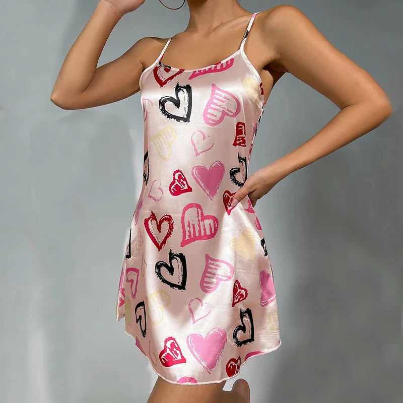 Cralom Silk Suspender Nightdress Pink Mini Dress Sleepwear for Women