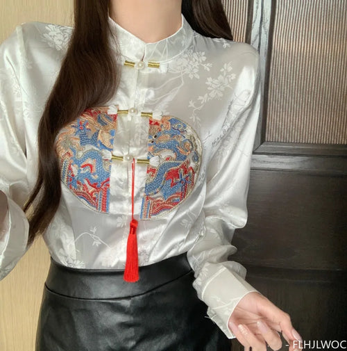 Cralom Stand Collar Bow Tie Embroidery Blouse - Chic Retro Vintage Button White Shirt