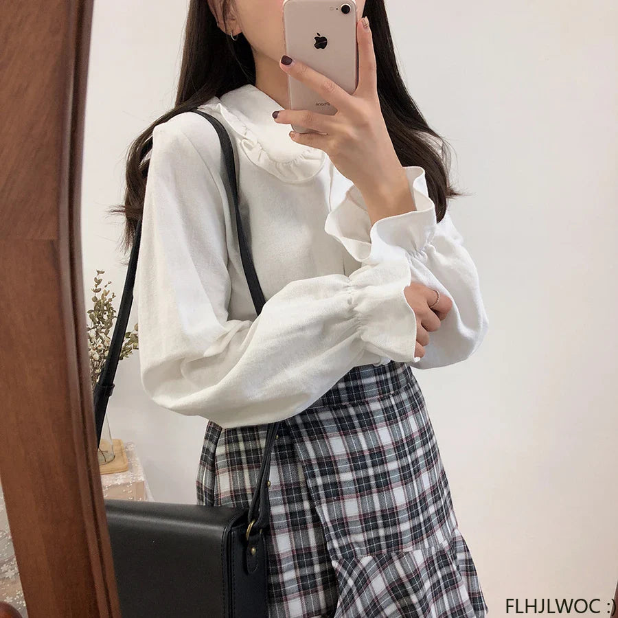 Cralom Flare Sleeve Peter Pan Collar Ruffles White Button Shirt