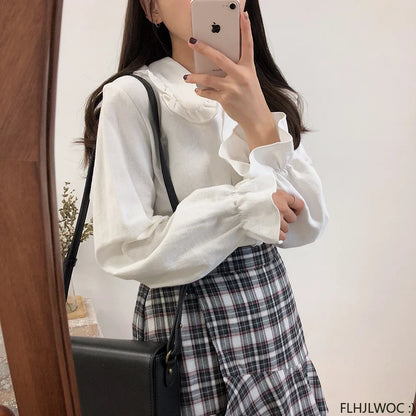 Cralom Flare Sleeve Peter Pan Collar Ruffles White Button Shirt
