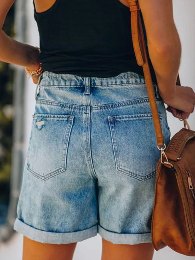 Cralom High Waist Distressed Edge Curl Denim Shorts Women's Y2K Fashion