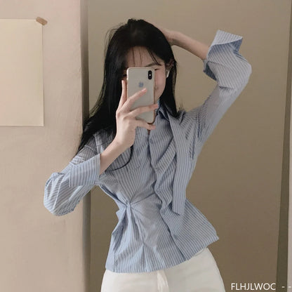 Cralom Striped Peplum Top Blouse Y2K Slim Waist Button Up Shirt