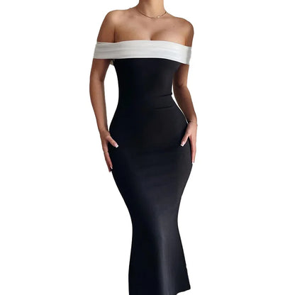Cralom One-Shoulder Sexy Summer Dress with Contrasting Colors and Slim Fit