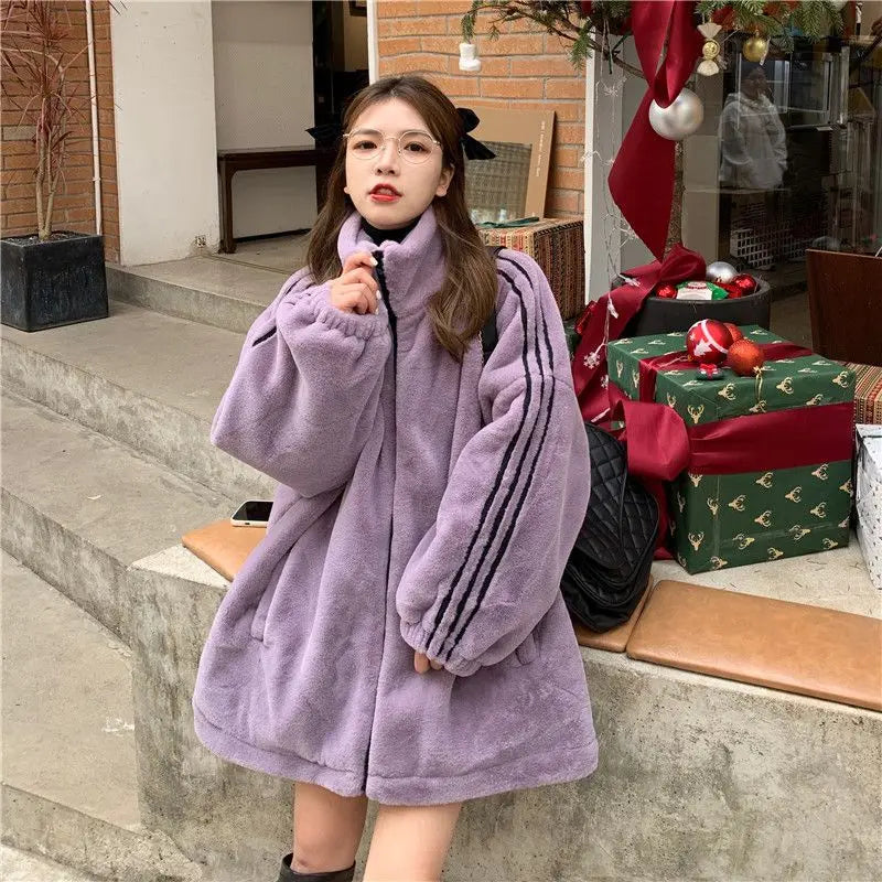 Cralom Furry Collar Cotton-padded Jacket Coat Women Y2K Streetwear Casual Coat