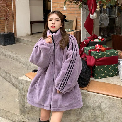 Cralom Furry Collar Cotton-padded Jacket Coat Women Y2K Streetwear Casual Coat