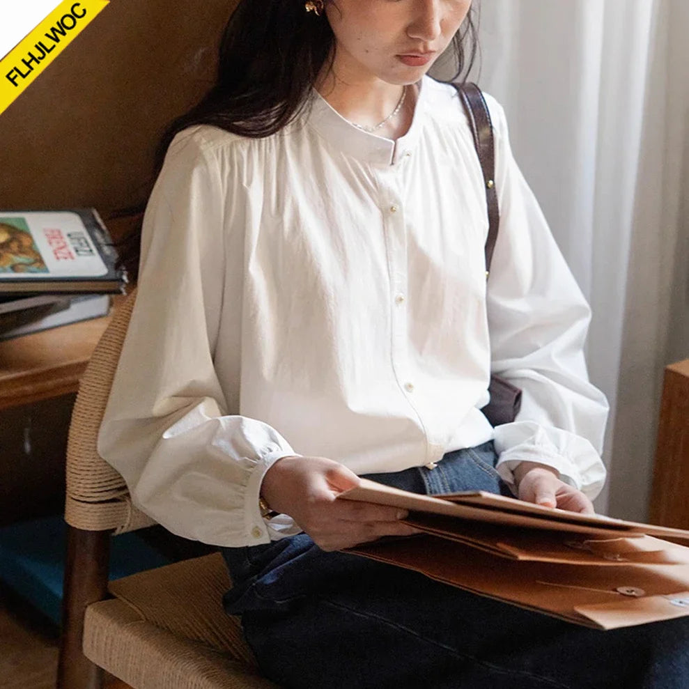 Cralom Green Button Vintage Style Long Sleeve Blouse for Girls
