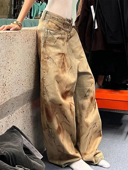 Cralom Vintage Tie Dye Wide Leg Denim Pants for Women