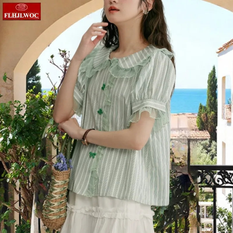 Cralom Butterfly Button Peter Pan Collar Blouse Cute Preppy Style Women Tops