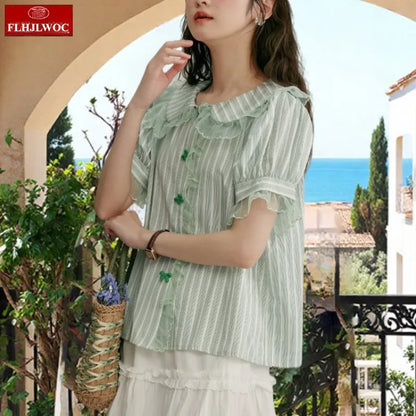 Cralom Butterfly Button Peter Pan Collar Blouse Cute Preppy Style Women Tops