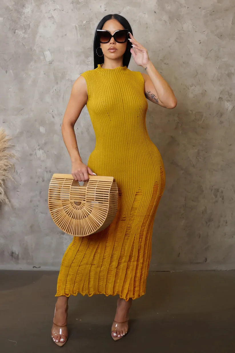 Cralom Women's Sleeveless Knitted Dress Solid Color Beach Long Skirt Summer 2024