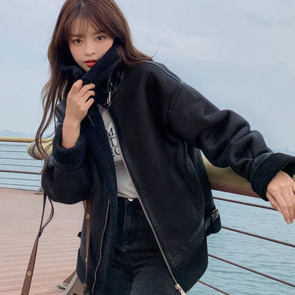 Cralom Winter Lambswool Padded Fur Coat Female Motorcycle Suit