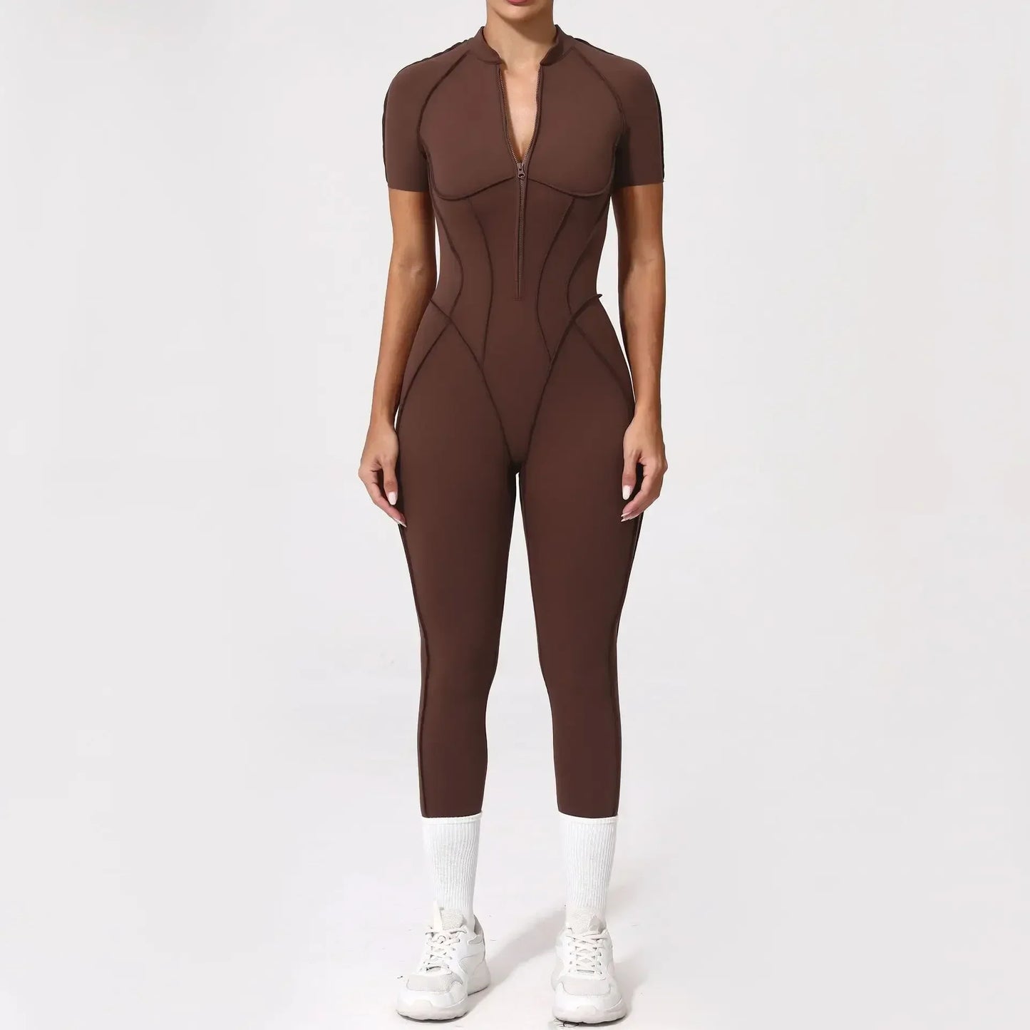 Cralom Seamless Front-Zip Short Sleeve Sports Jumpsuit