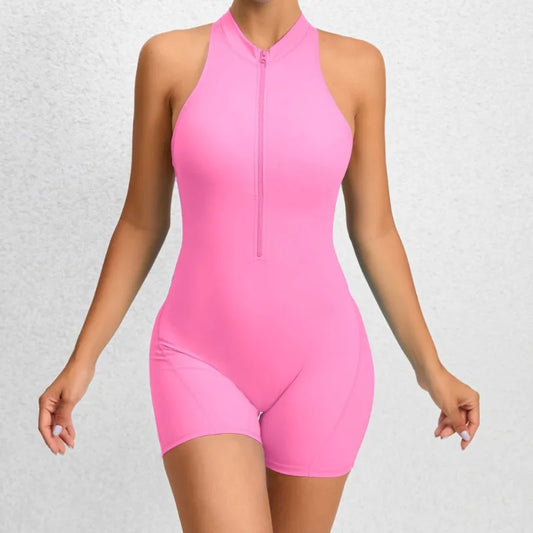 Cralom Seamless Yoga Bodysuit: Zip-Front Peach Booty Ruched One-Piece