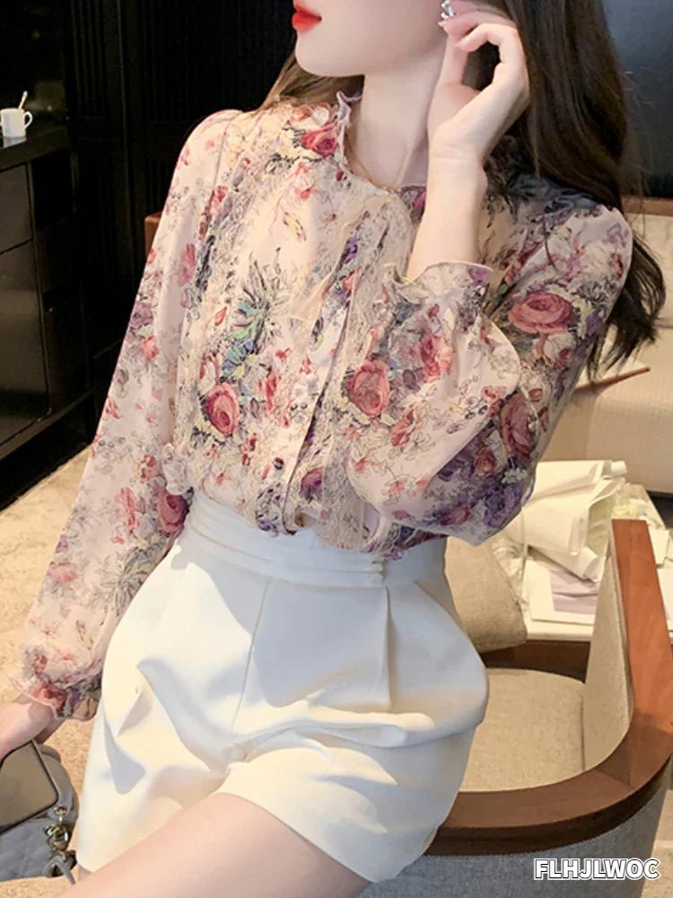 Cralom Chic Floral Button Blouse - Pink Ruffled Tops for Women
