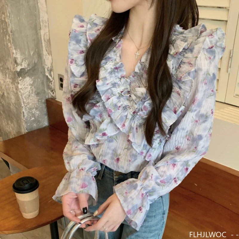 Cralom Floral Print Ruffles Top for Women - Retro Vintage Style