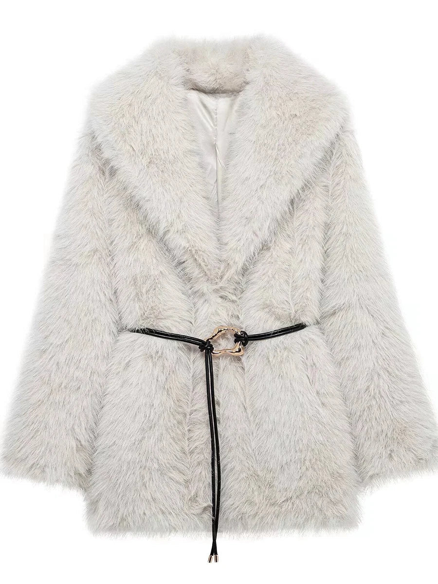 Cralom Loose Spliced Belt Jacket for Women - Fashionable Mao Mao Style