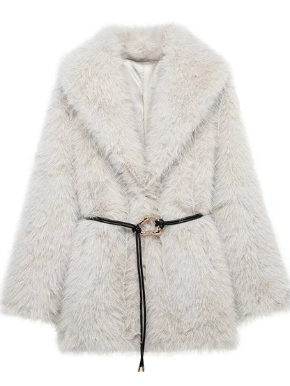 Cralom Loose Spliced Belt Jacket for Women - Fashionable Mao Mao Style