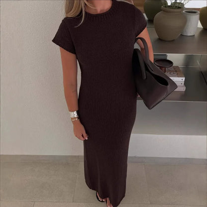 Cralom Women's Knitted A-line Dress with Short Sleeve and Round Neck