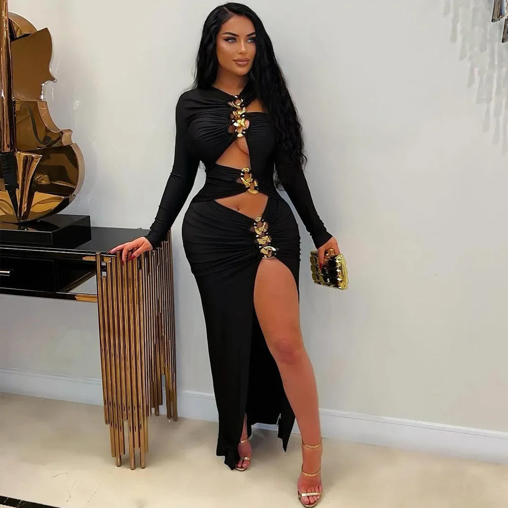 Cralom Sexy Black Tight Dress with Hollow Out Split Design for Summer 2025