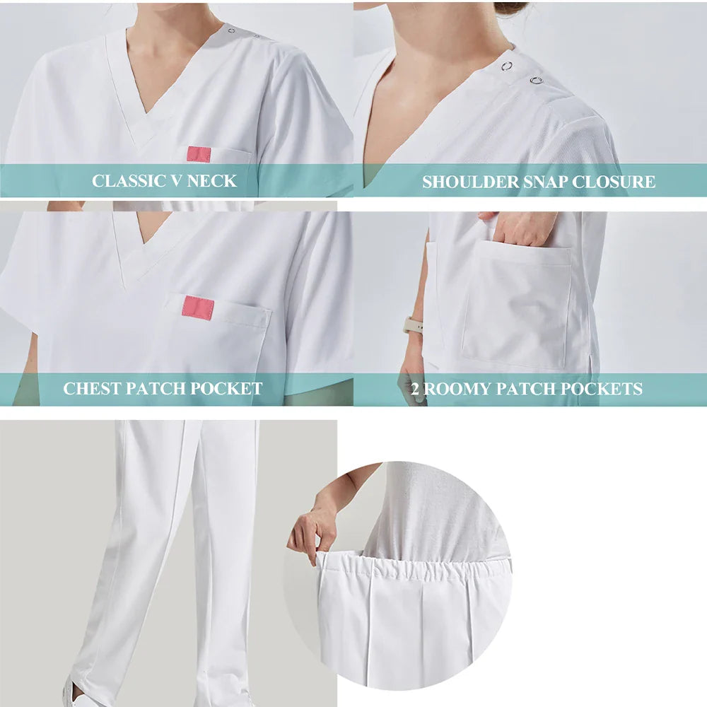 Cralom Silky White Nurse Scrub Set for Dental Medic Professionals