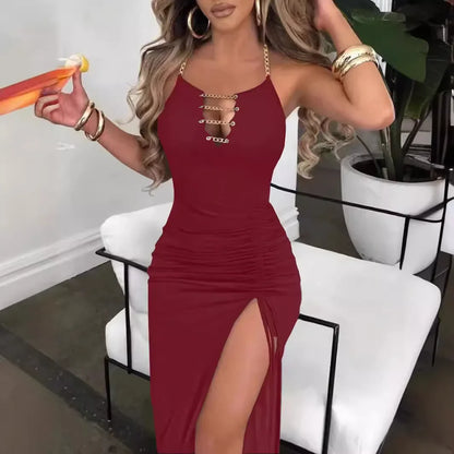 Cralom Solid Color Chain Sleeveless High Slit Dress