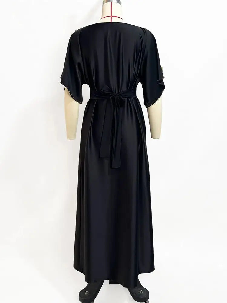 Cralom Black Satin Off Shoulder Abaya Dress - Plus Size Luxury Muslim Wear