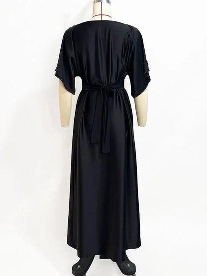 Cralom Black Satin Off Shoulder Abaya Dress - Plus Size Luxury Muslim Wear