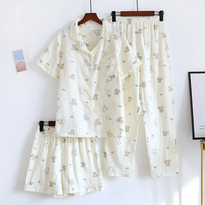 Cralom Cotton Flower Print Pajama Set: Top, Shorts, and Pants for Comfortable Summer