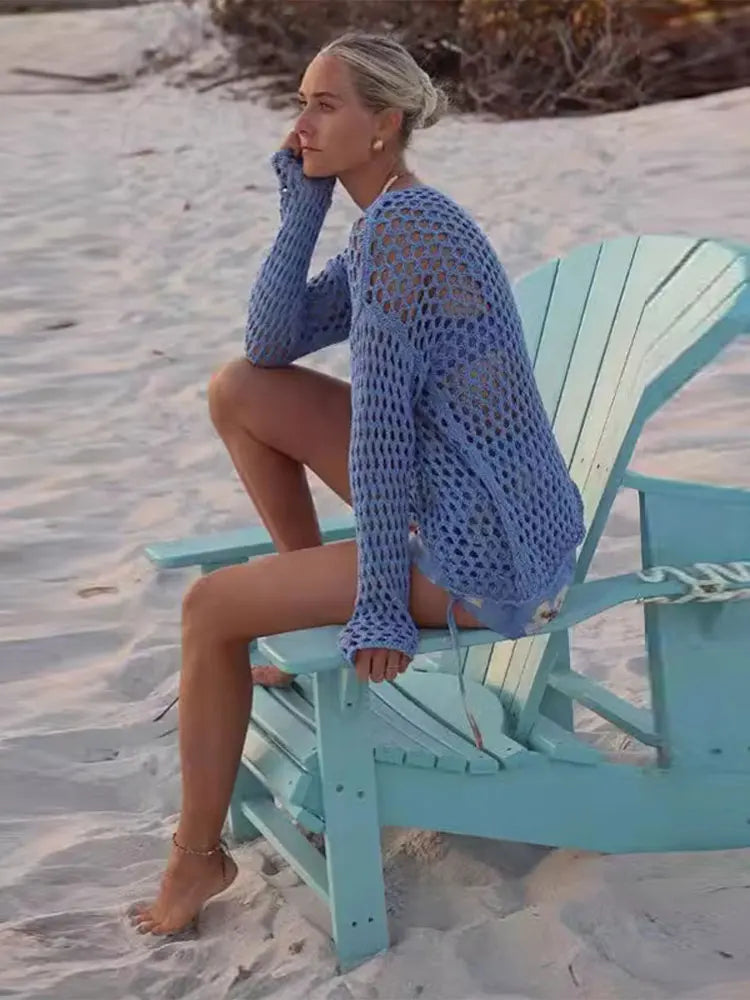 Cralom Knit Hollow Out Mini Dress Women's Beach Holiday Pullover